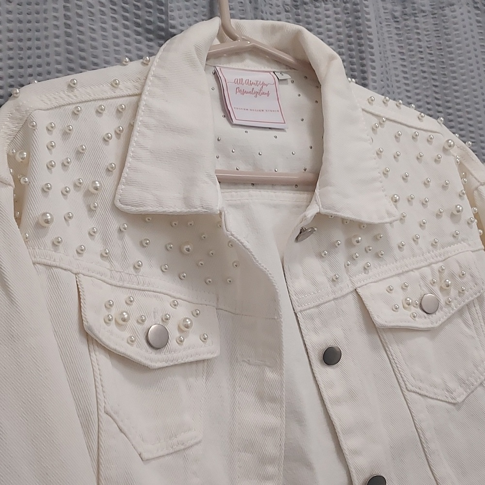 Bride-to-be Pearl-Embellished Cream Denim Jacket - Picture 3 of 8
